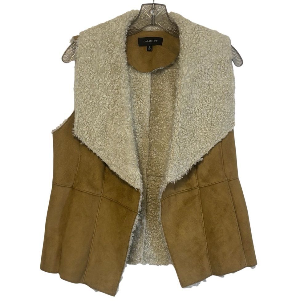 Talbots Women's Faux Suede Sherpa/Shearling Draped Front Vest Brown Cream